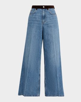 Marni Flower Patch Velvet-Waistband Wide-Leg Denim Trousers