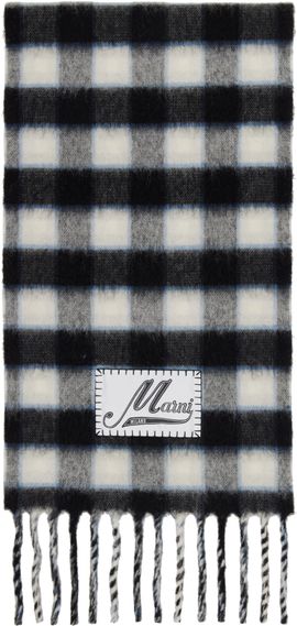 Marni Marni Black & White Double Check Logo Wool Mohair Scarf