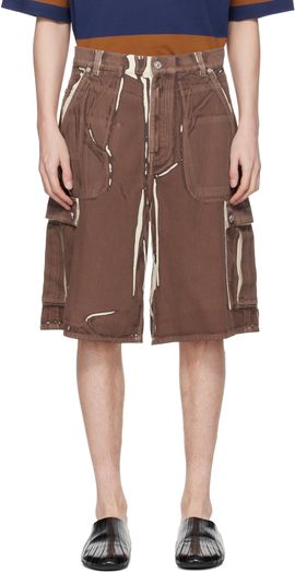Marni Marni Brown Screen-Printed Denim Cargo Shorts