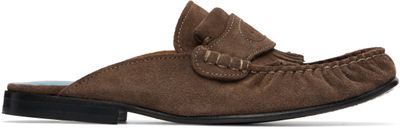 Marni Marni Brown Suede Sabot Fringed Trim Slip-on Loafers