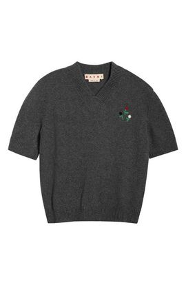 Marni Marni Embroidered Flowers Short Sleeve Wool & Cashmere V-Neck Sweater