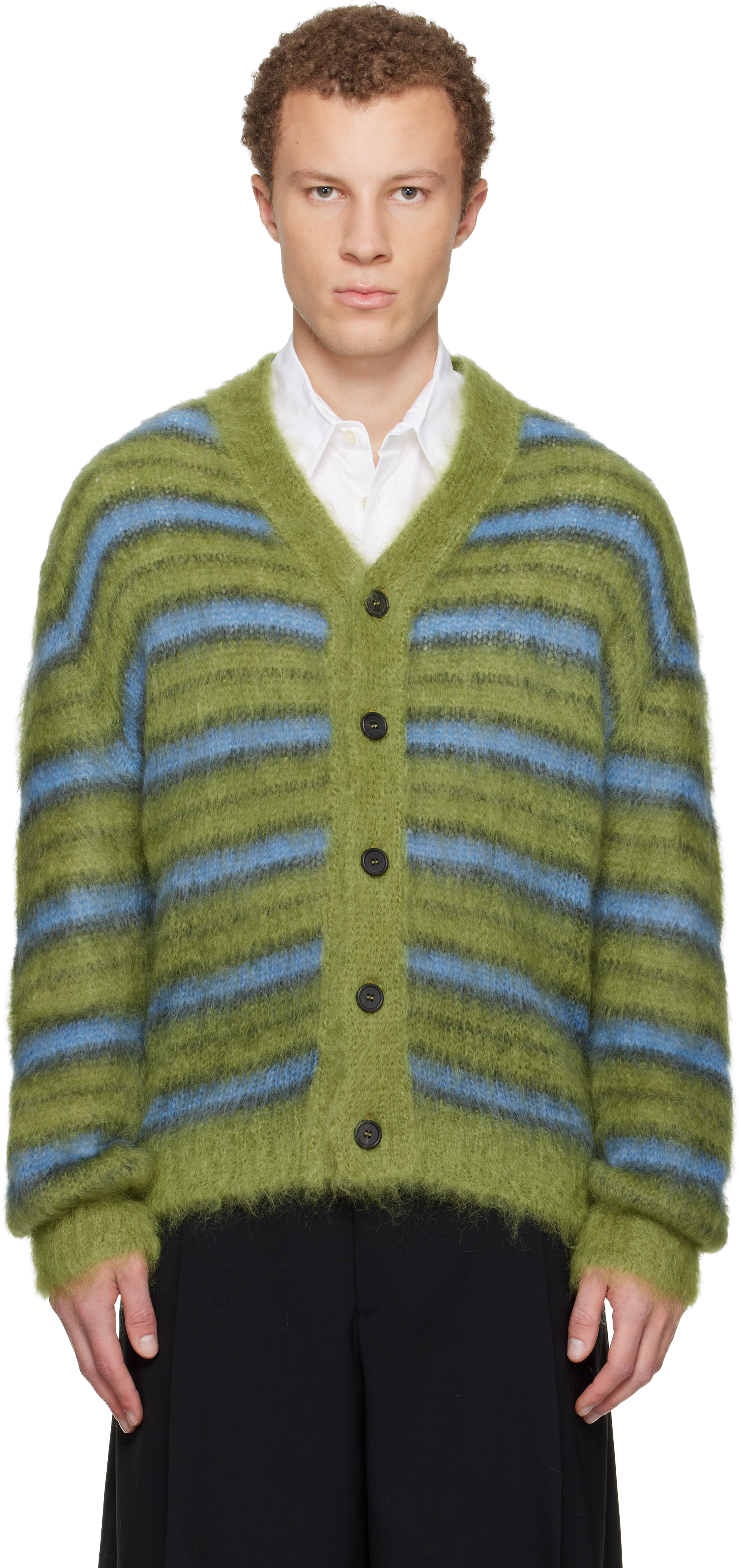 Marni - Green & Blue Fuzzy Wuzzy Stripe V-Neck Cardigan