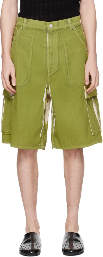 Marni Marni Green Screen-Printed Denim Cargo Shorts
