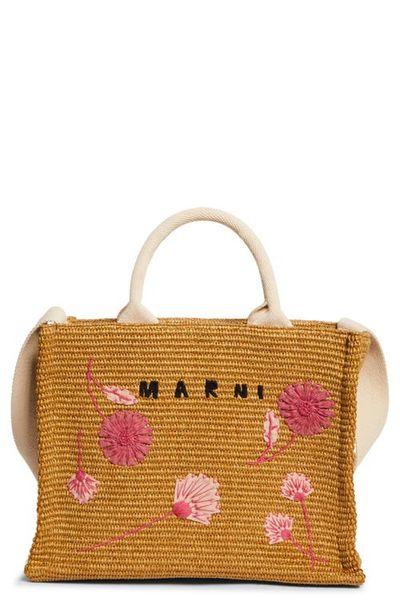 Marni Marni Small Floral Embroidered Logo Raffia Tote