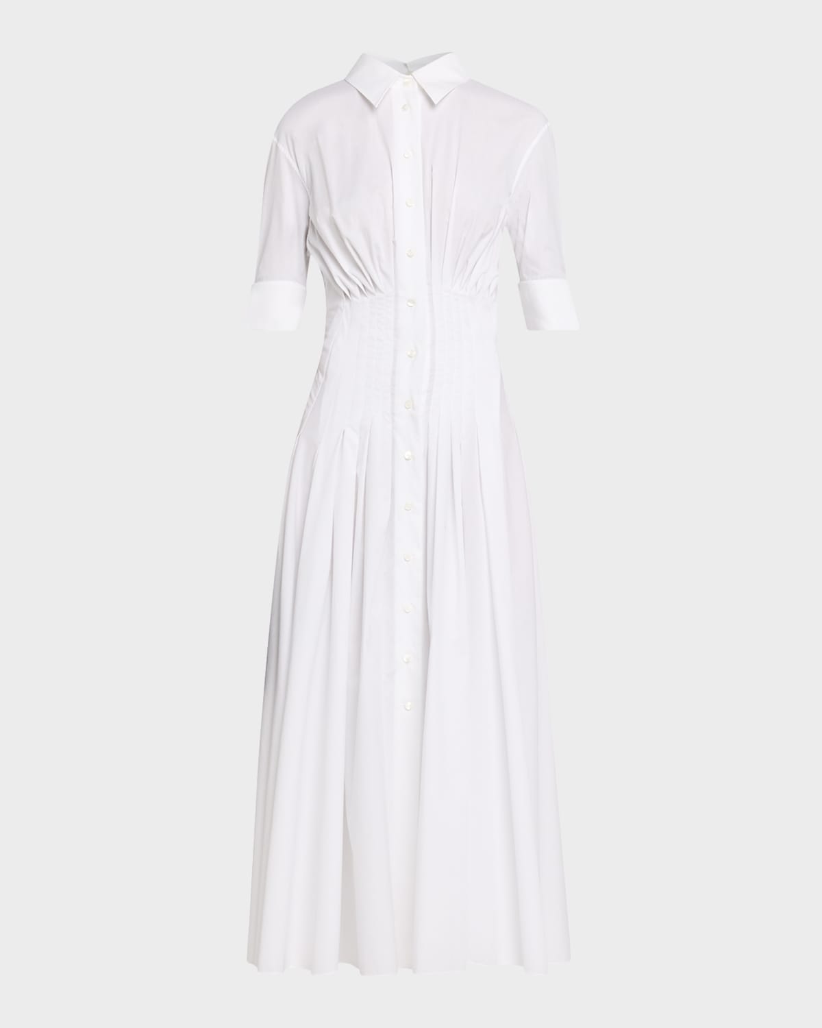 Marni Short-Sleeve Pleated Cotton Poplin Cinched Midi Shirtdress
