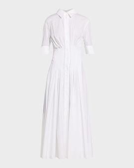Marni Short-Sleeve Pleated Cotton Poplin Cinched Midi Shirtdress