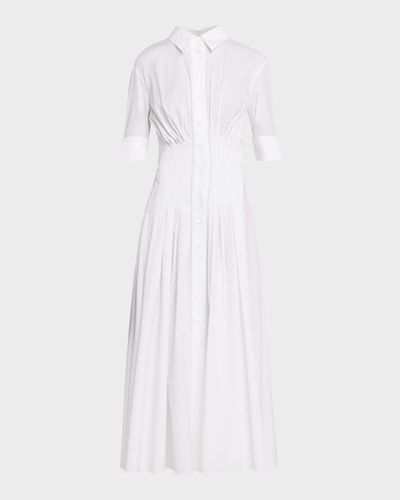 Marni Short-Sleeve Pleated Cotton Poplin Cinched Midi Shirtdress