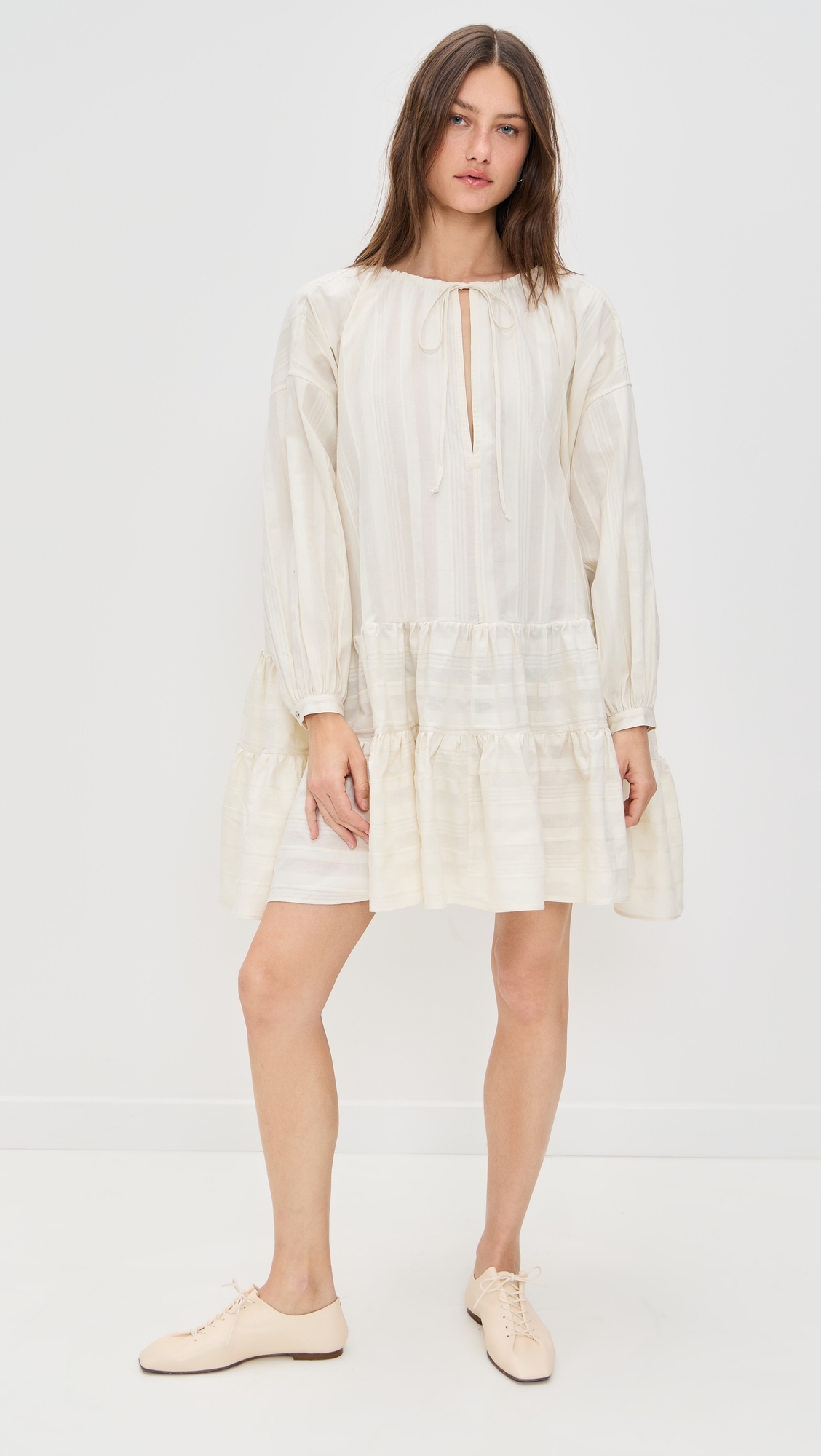 Marques Almeida - Beige Textured Loose Fit Tier Gathered Dress Beige 6 Marques Almeida - Beige Textured Loose Fit Tier Gathered Dress Beige 6