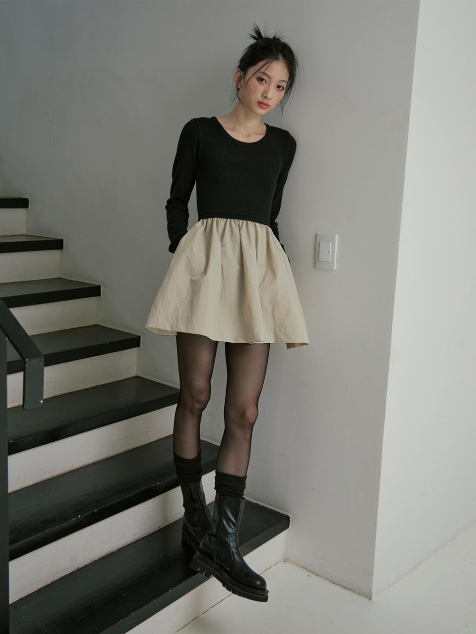 mars en avril COLOR BLOCK SLIM KNIT DRESS_BLACK BEIGE