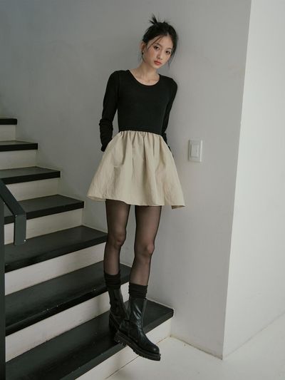 mars en avril COLOR BLOCK SLIM KNIT DRESS_BLACK BEIGE
