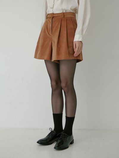 mars en avril COTTON VELVET TUCK SHORTS + BELT SET_BROWN