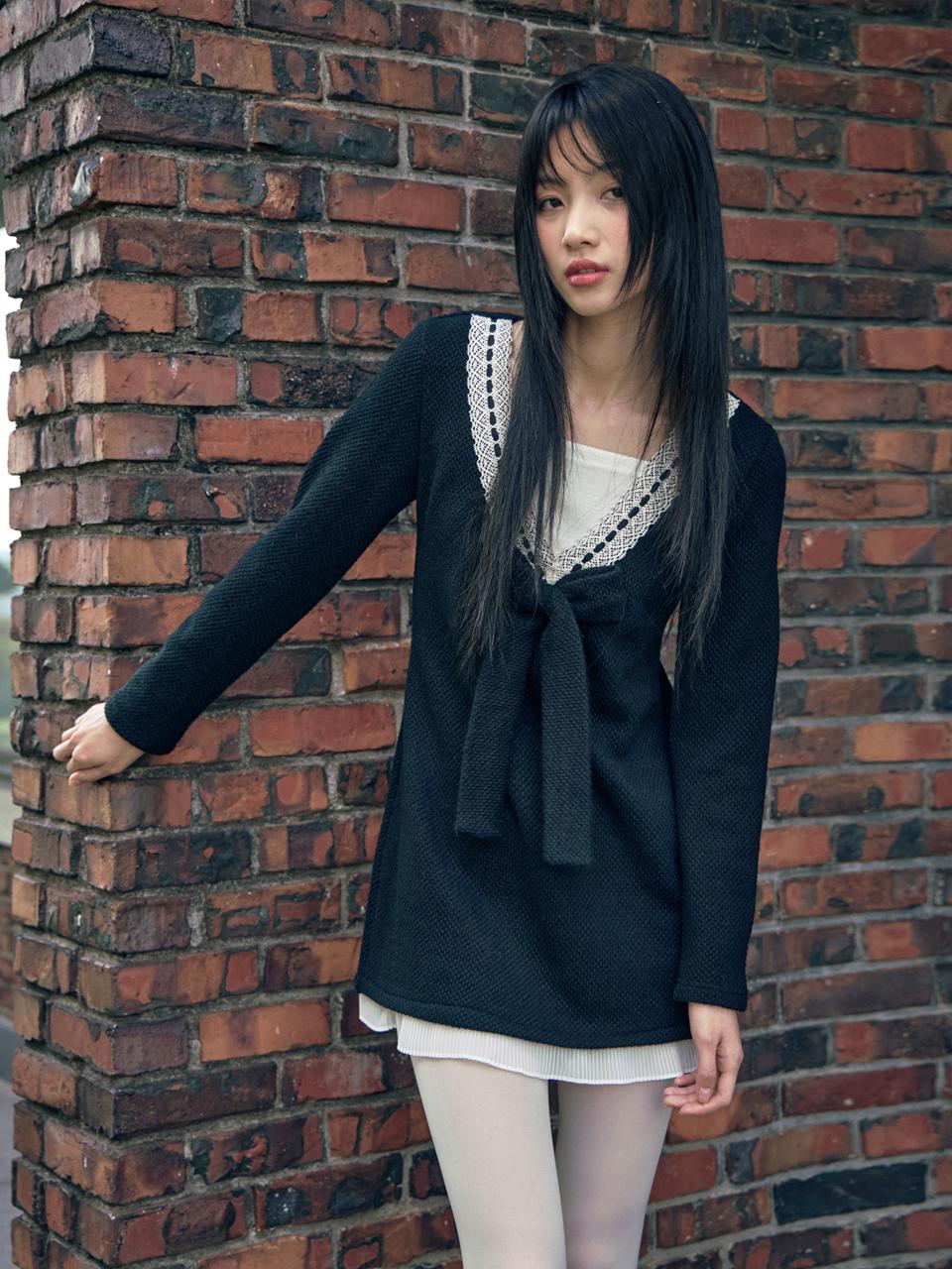 mars en avril GIRLS SIGNATURE_RIBBON KNIT DRESS_BLACK