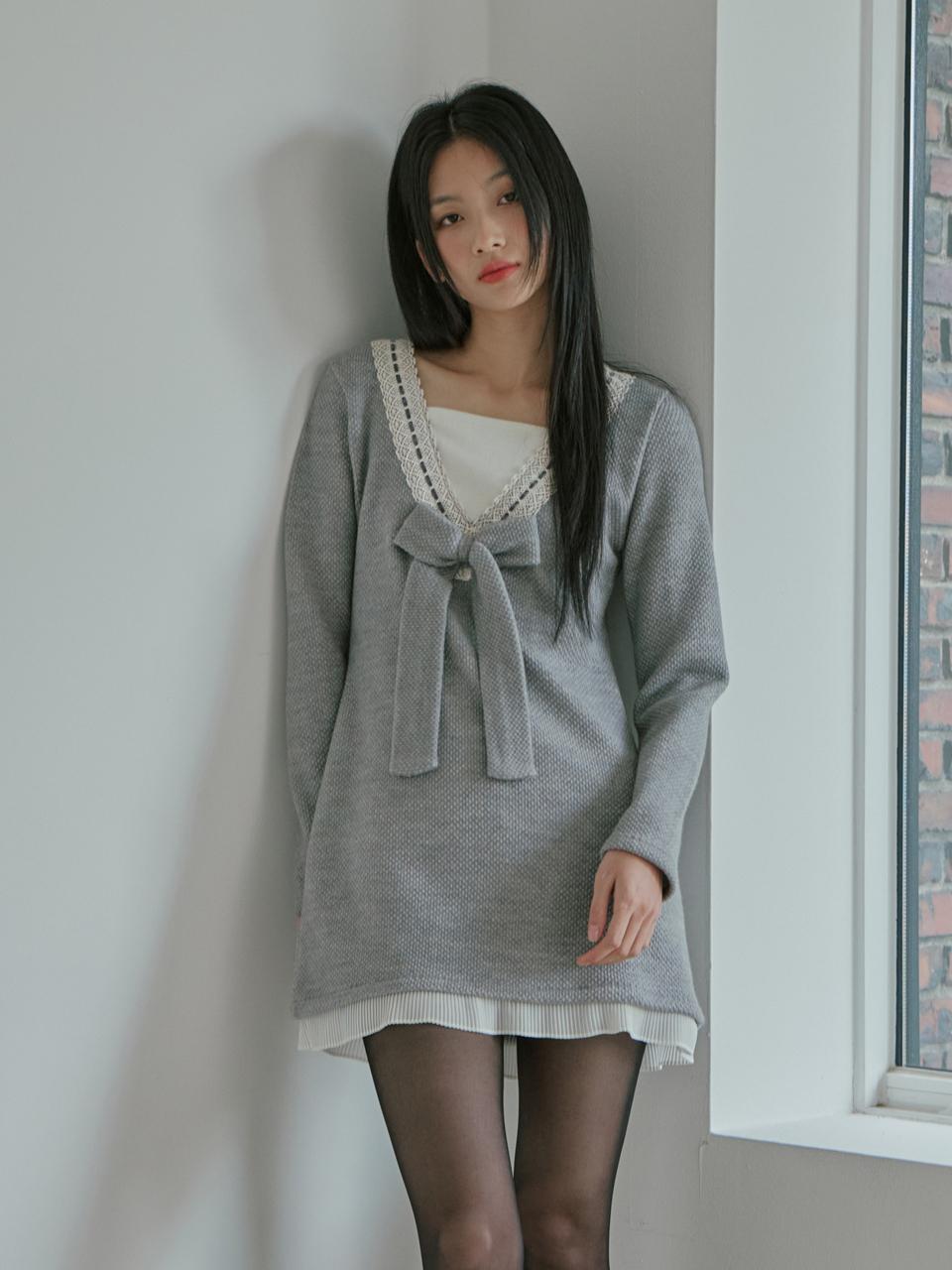 mars en avril GIRLS SIGNATURE_RIBBON KNIT DRESS_GRAY
