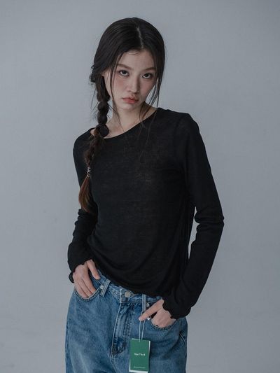 mars en avril See-through Round Neck Shirring T-shirt [Black]