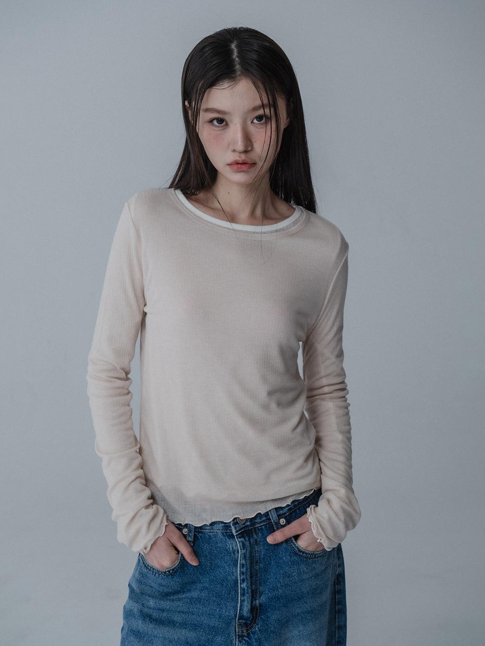 mars en avril See-through Round Neck Shirring T-shirt [Pink Beige]