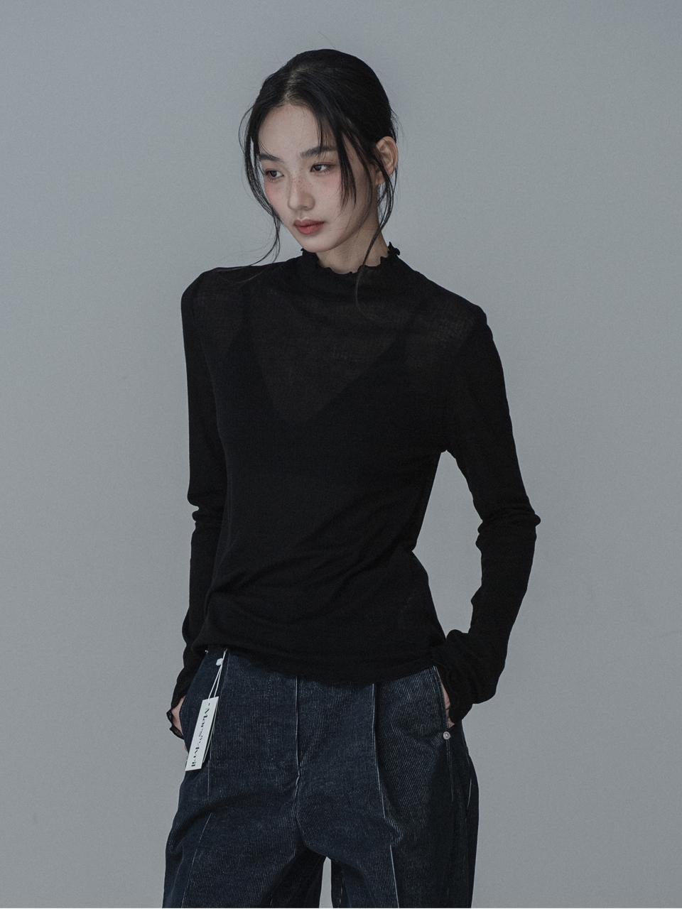 mars en avril See-through Shirring Tencel T-shirt [Black]