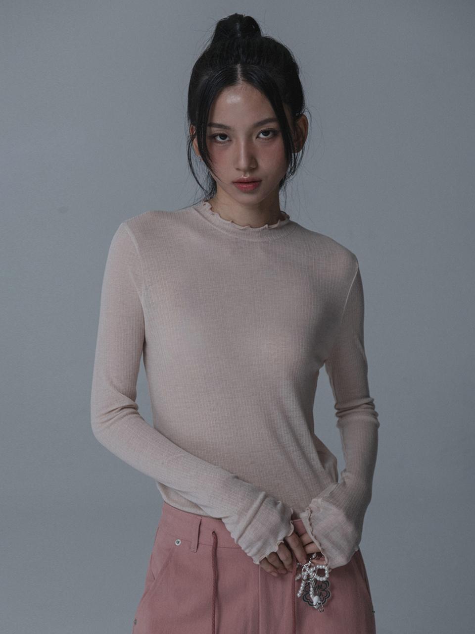 mars en avril SHEER SHIRRED T-SHIRT_PINK BEIGE