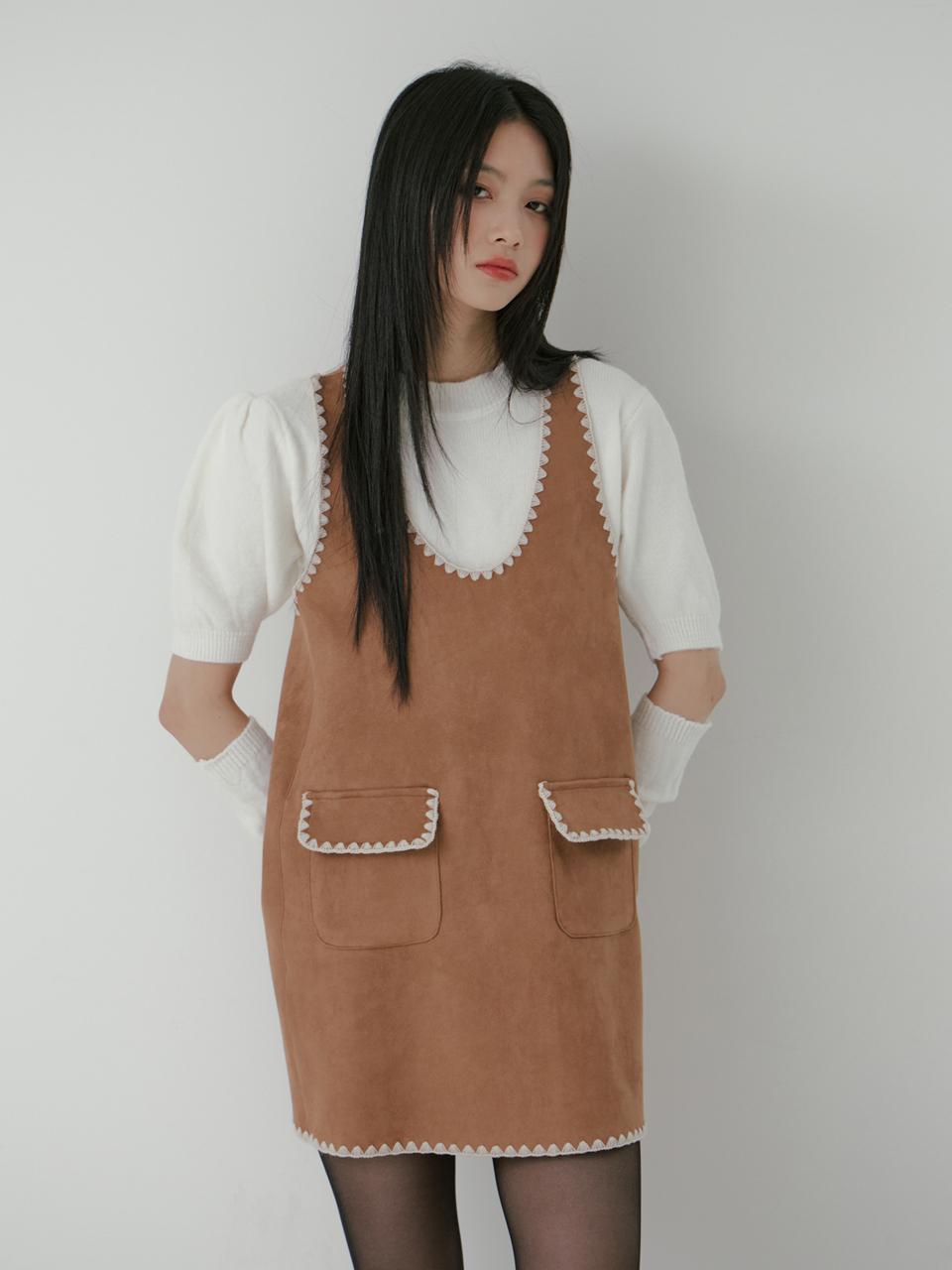 mars en avril SUEDE NEEDLEWORK POCKET DRESS_BROWN