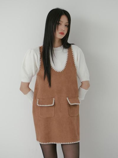 mars en avril SUEDE NEEDLEWORK POCKET DRESS_BROWN