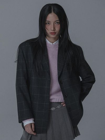 mars en avril WOOL CHECK OVERSIZED BLAZER JACKET_GRAY