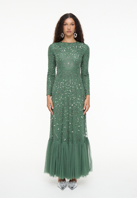 MARYISA MARYISA Modest Embellished Sequin Beaded Dress Maxi With Long Cape
