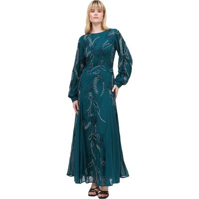 MARYISA MARYISA Modest Embellished Sequin Beaded Maxi Dress With Cuff Sleeves