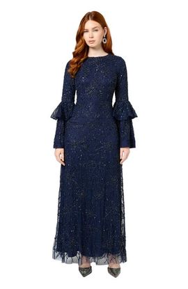 MARYISA MARYISA Modest Embellished Sequin Beaded Maxi Dress With Frilled Sleeves