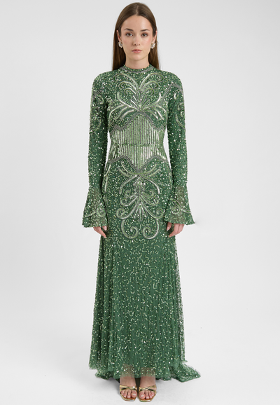 MARYISA MARYISA Modest Embellished Sequins Trail Maxi Dress