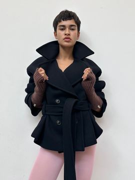 Matin Kim BELTED BIG LAPEL DOUBLE SHORT COAT IN DARK NAVY