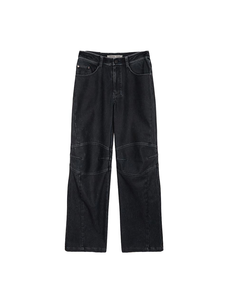 Matin Kim Biker Detail Washed Leather Pants [Navy]