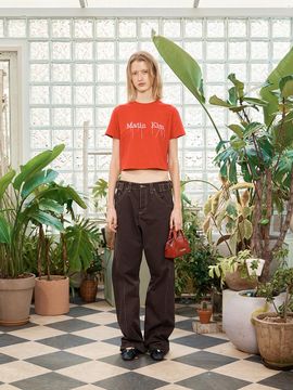 Matin Kim WAIST BUCKLE CURVED TWILL DENIM WIDE PANTS [CHARCOAL]