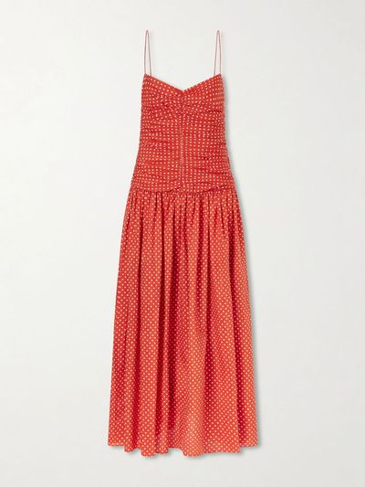 MATTEAU Gathered polka-dot organic cotton and silk-blend midi dress