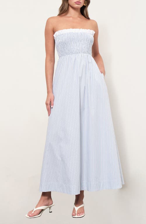 MAUDE CLUB MAUDE CLUB Alicia Stripe Ruffle Trim Strapless Midi Dress