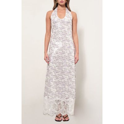 MAUDE CLUB MAUDE CLUB Apollo Floral Sequin Halter Neck Dress