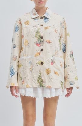 MAUDE CLUB MAUDE CLUB Hayes Sea Life Print Cotton Eyelet Jacket