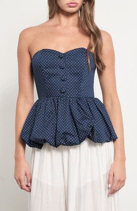 MAUDE CLUB MAUDE CLUB Wyatt Polka Dot Strapless Bubble Hem Peplum Top
