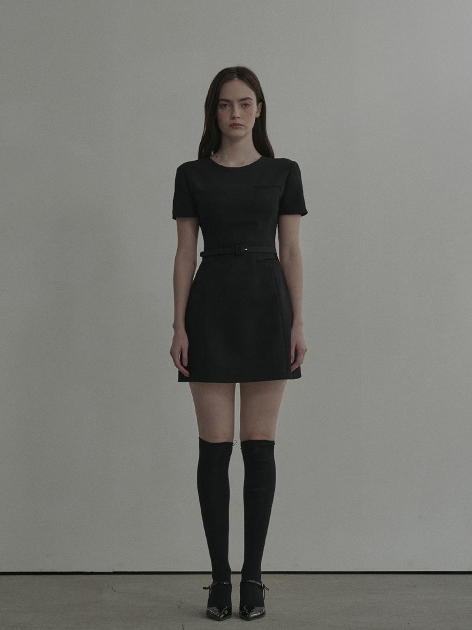 MAUSOLEUM Belted Round Neck Suit Mini Dress [Black]
