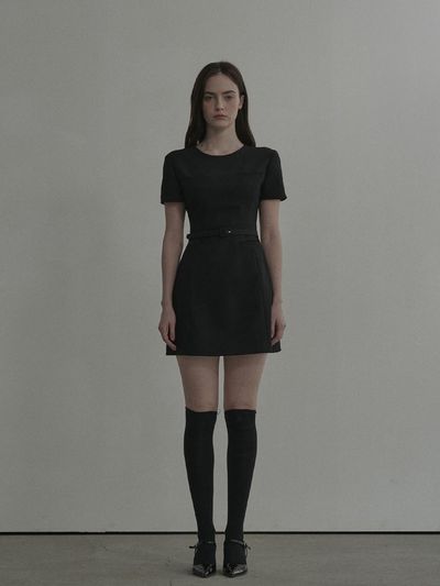 MAUSOLEUM Belted Round Neck Suit Mini Dress [Black]