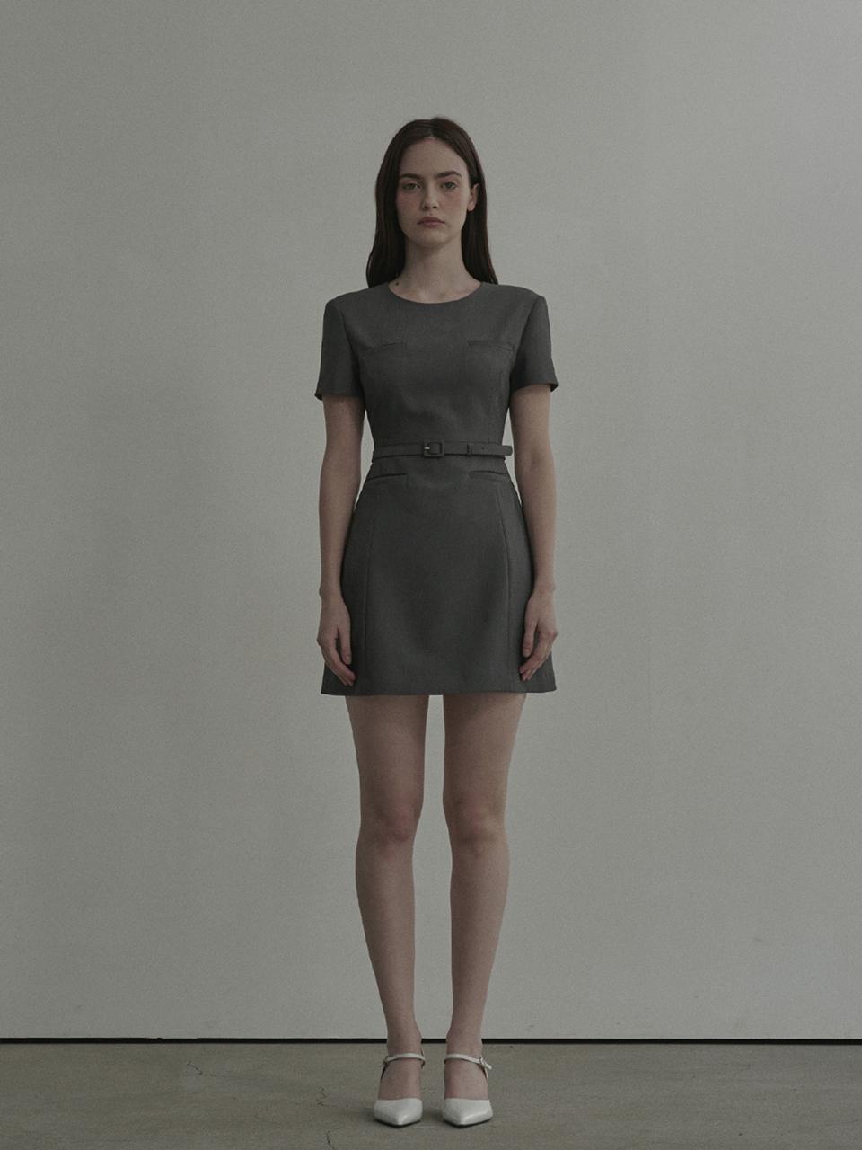 MAUSOLEUM Belted Round Neck Suit Mini Dress [Grey]