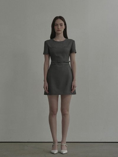 MAUSOLEUM Belted Round Neck Suit Mini Dress [Grey]