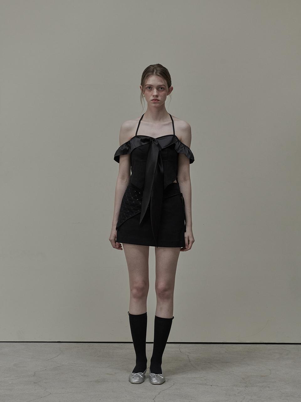 MAUSOLEUM Diane Satin Tie Off-Shoulder T-Shirt - Black