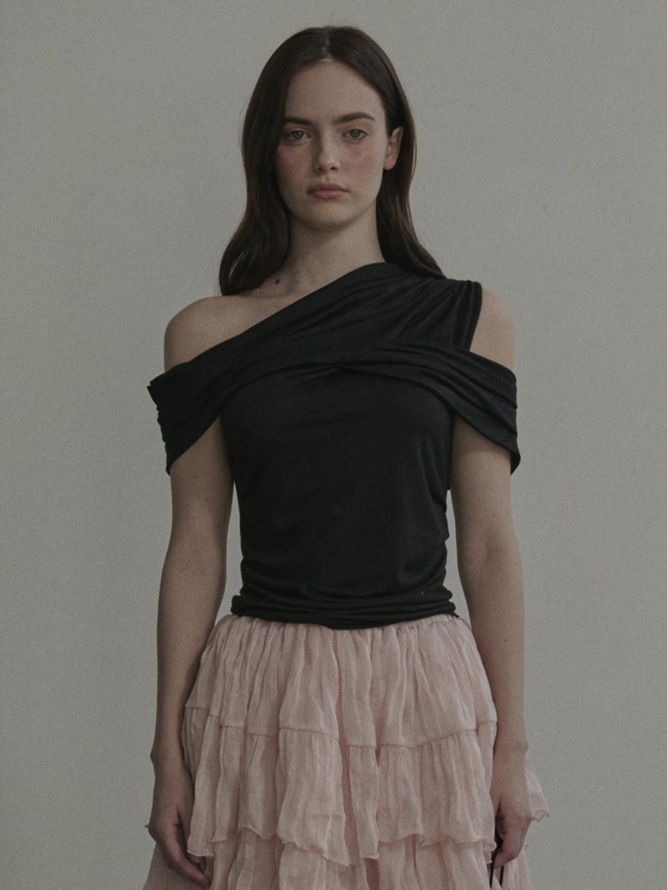 MAUSOLEUM Draped Off Shoulder Modal Slim Fit Top [Black]