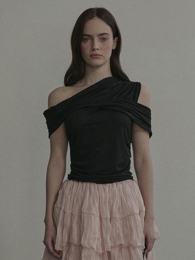 MAUSOLEUM Draped Off Shoulder Modal Slim Fit Top [Black]
