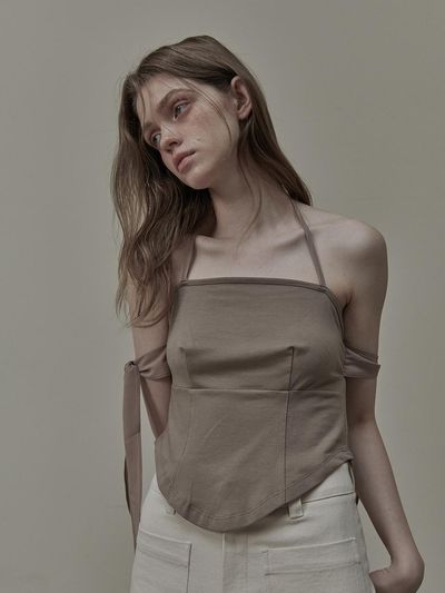 MAUSOLEUM Gabrielle Sheer Ribbon Halter T-Shirt - Beige