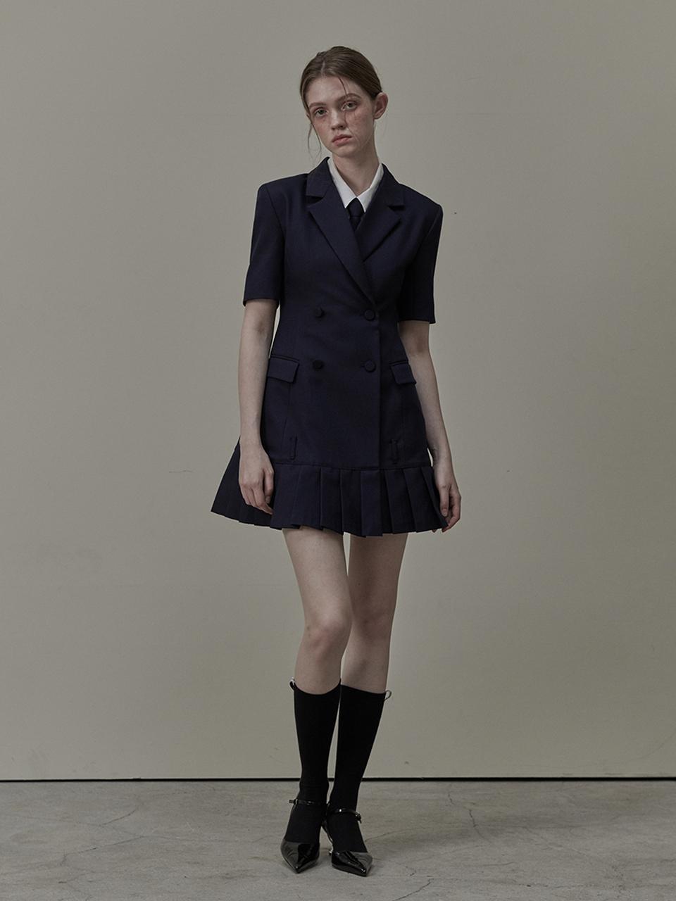 MAUSOLEUM Jenn Pleated Half-Sleeve Suit Jacket Dress - Navy