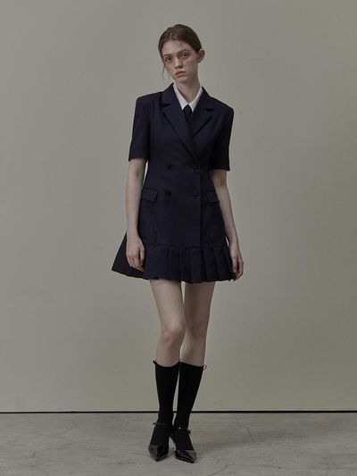 MAUSOLEUM Jenn Pleated Half-Sleeve Suit Jacket Dress - Navy
