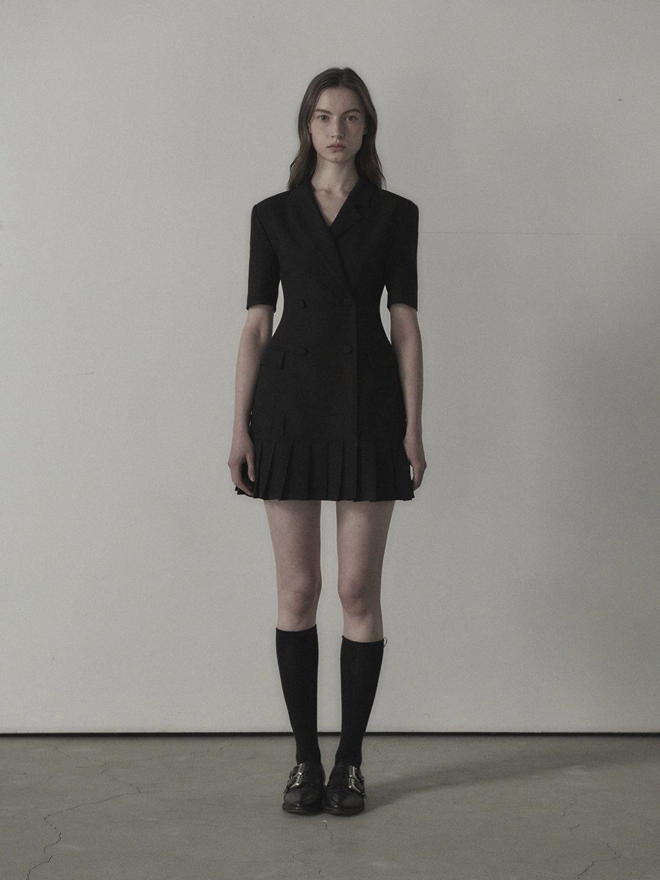 MAUSOLEUM Jenn Pleated Half-Sleeve Suit Jacket Dress_Black