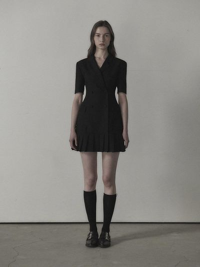 MAUSOLEUM Jenn Pleated Half-Sleeve Suit Jacket Dress_Black