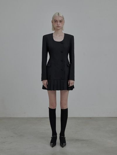 MAUSOLEUM Jenn round neck pleated suit jacket dress - Black