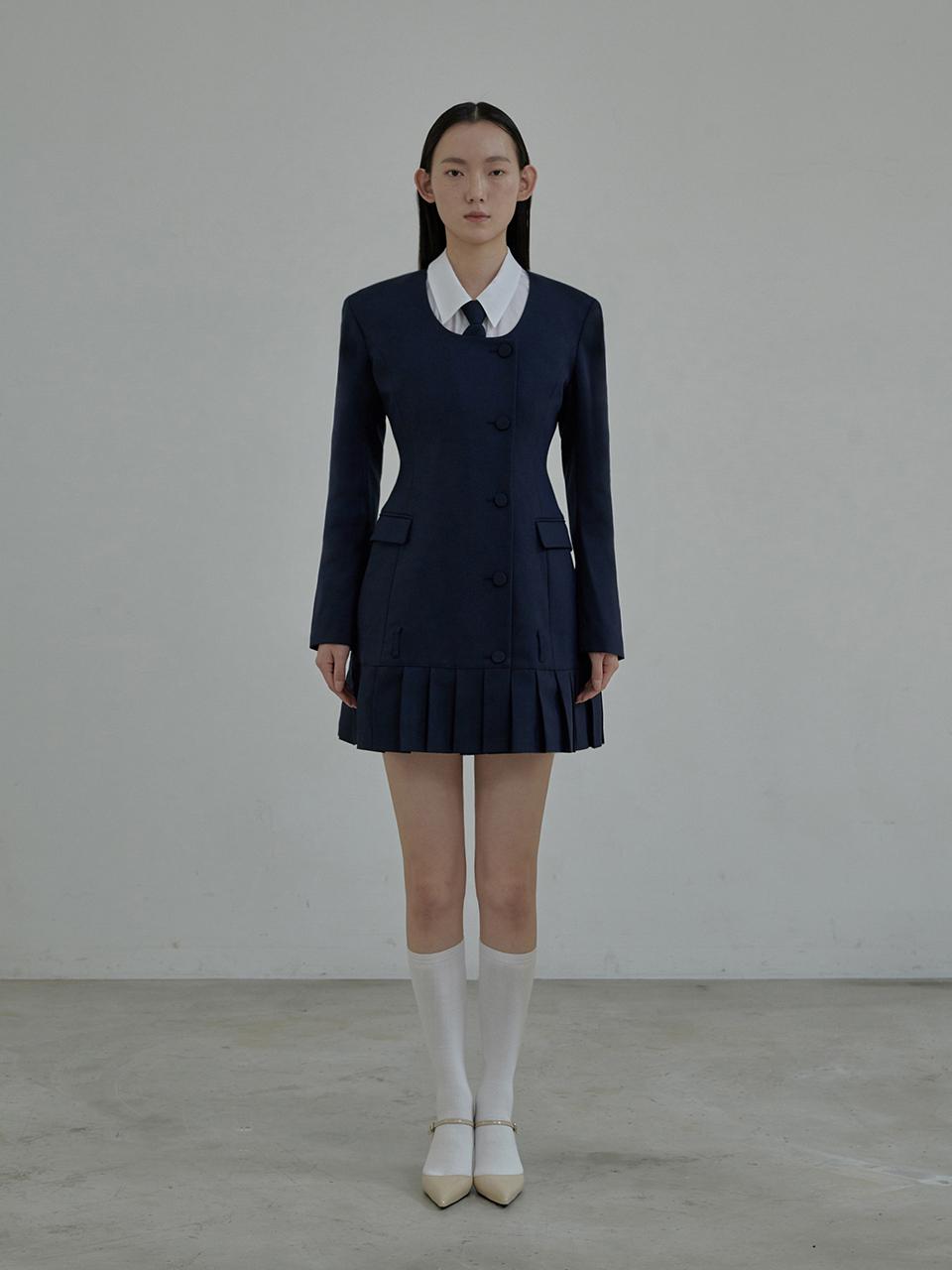 MAUSOLEUM Jenn round neck pleated suit jacket dress - Navy